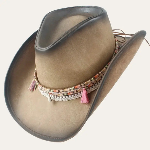 URBAN 5884 Cowboyhoed van echt leer, westernhoed voor heren en dames van echt rundleer, vormbare rand en verstelbare kinriem, Kastanje, XXL